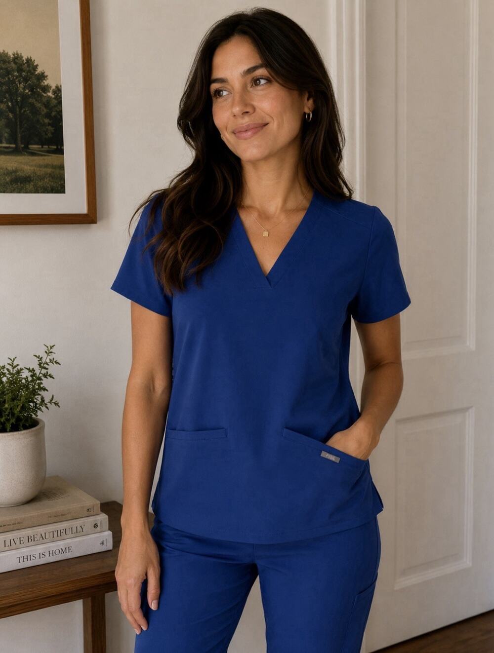 Figs Blue Po 1657 V Neck Scrub Shirt Pockets Sz S Casma Three Pocket Medical